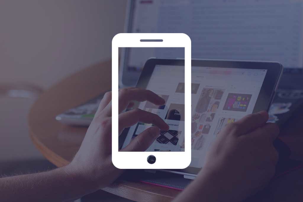 Phone Icon laid over background image of person on tablet